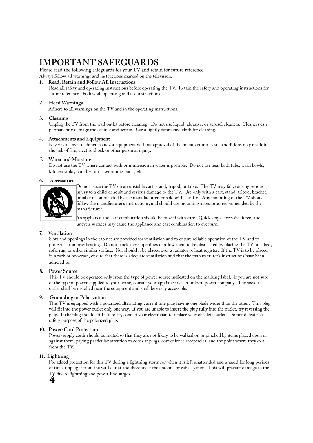 Mitsubishi Electronics LT-2220 . Read, Retain and Follow All Instructions, . Heed Warnings, . Cleaning, . Accessories 