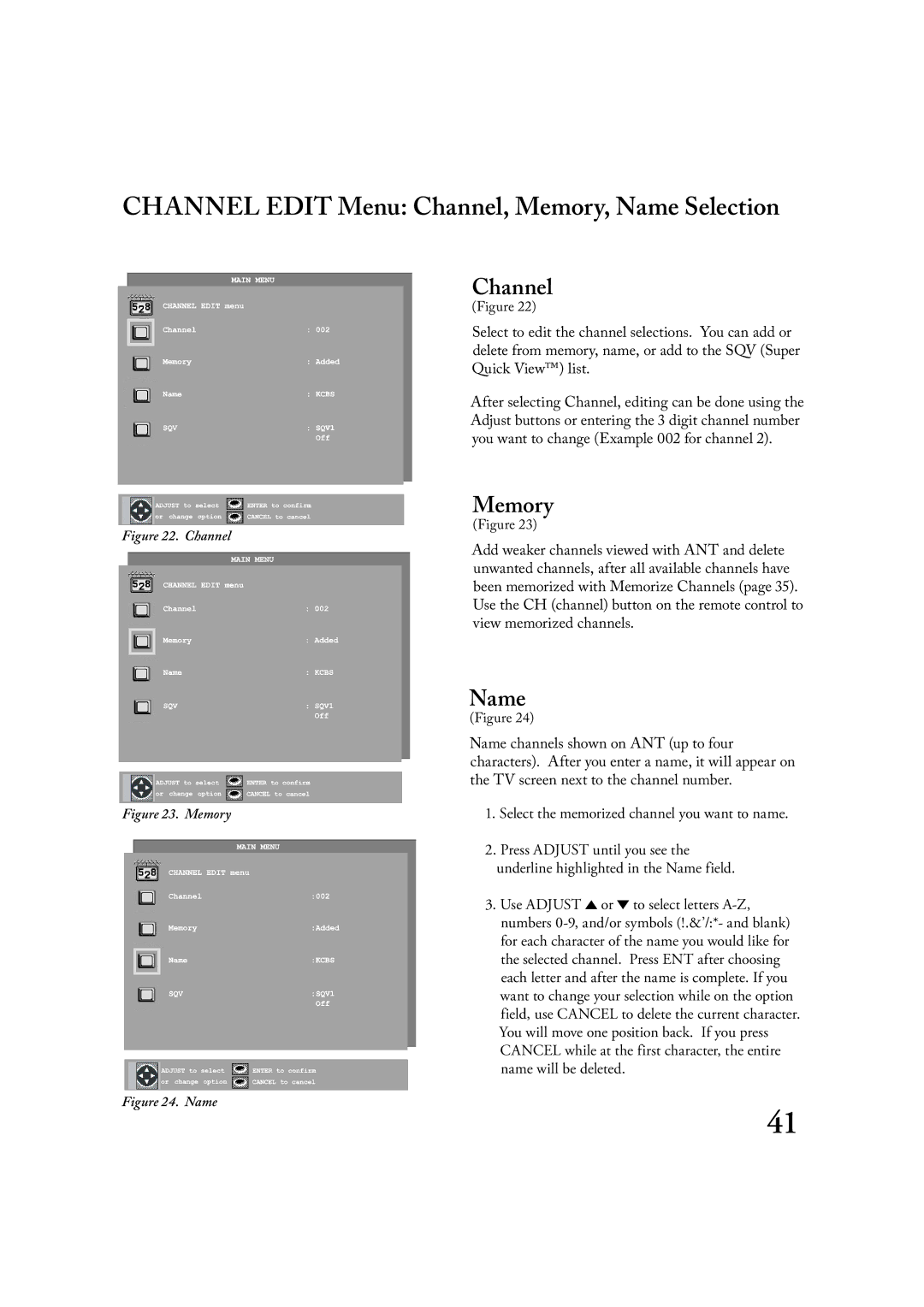 Mitsubishi Electronics LT-3020, LT-2220 manual Channel Edit Menu Channel, Memory, Name Selection 