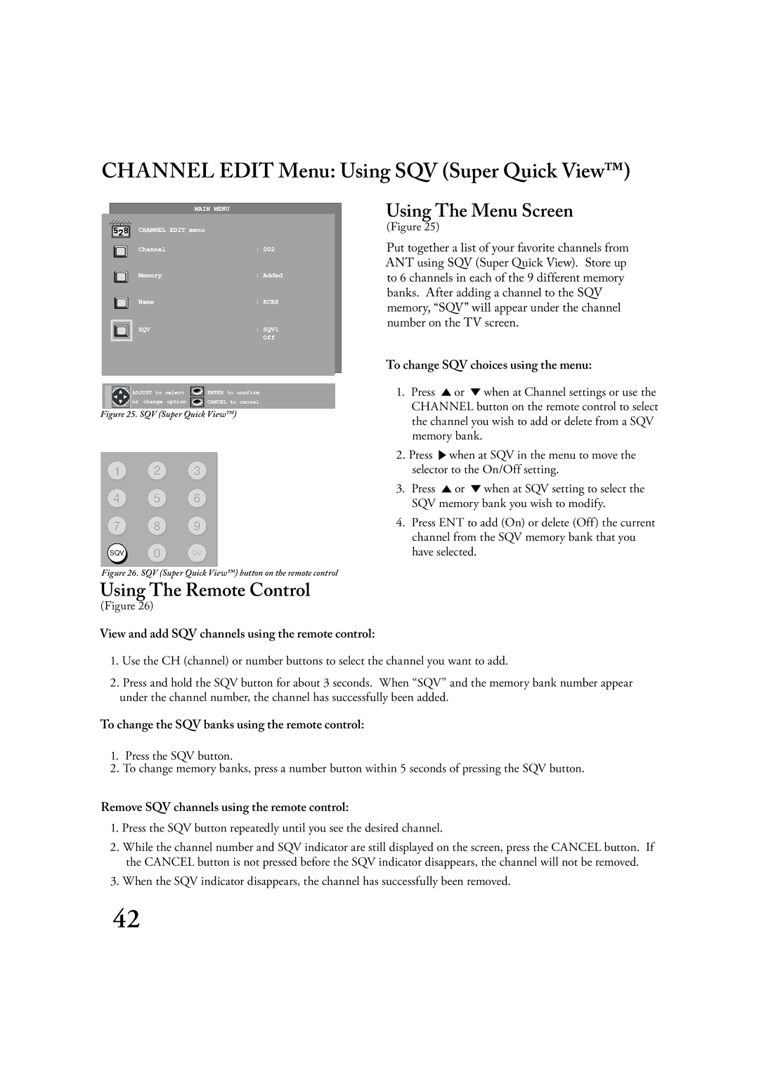 Mitsubishi Electronics LT-2220, LT-3020 manual Channel Edit Menu Using SQV Super Quick View, Using The Remote Control 