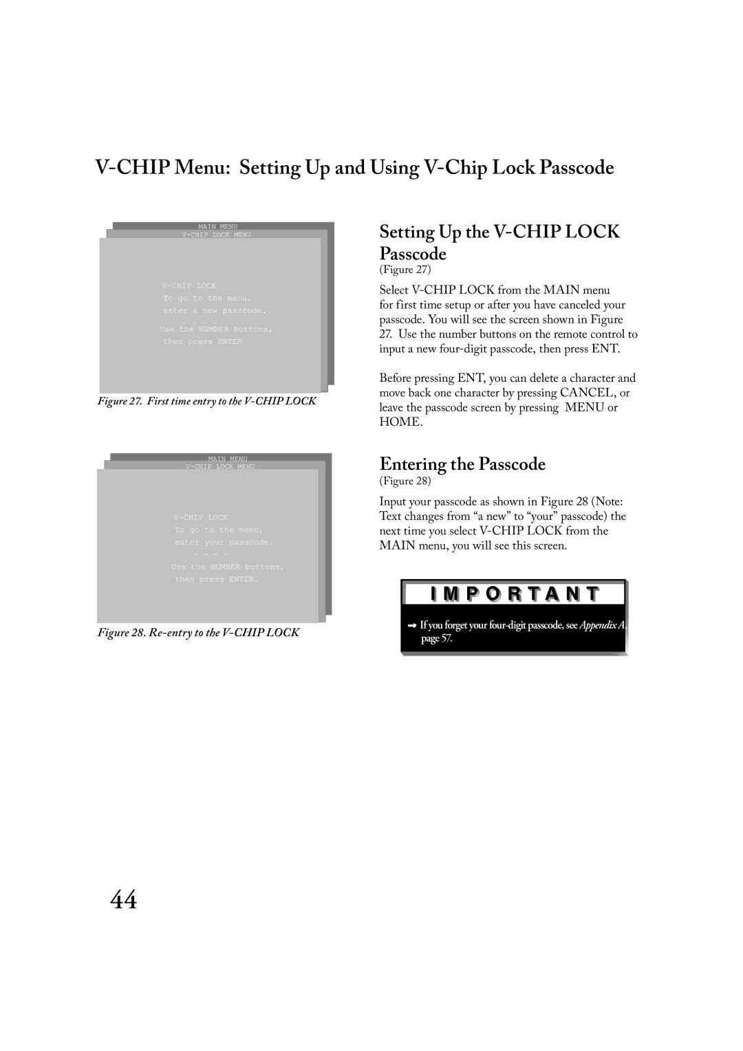 Mitsubishi Electronics LT-2220 Chip Menu Setting Up and Using V-Chip Lock Passcode, Setting Up the V-CHIP Lock Passcode 