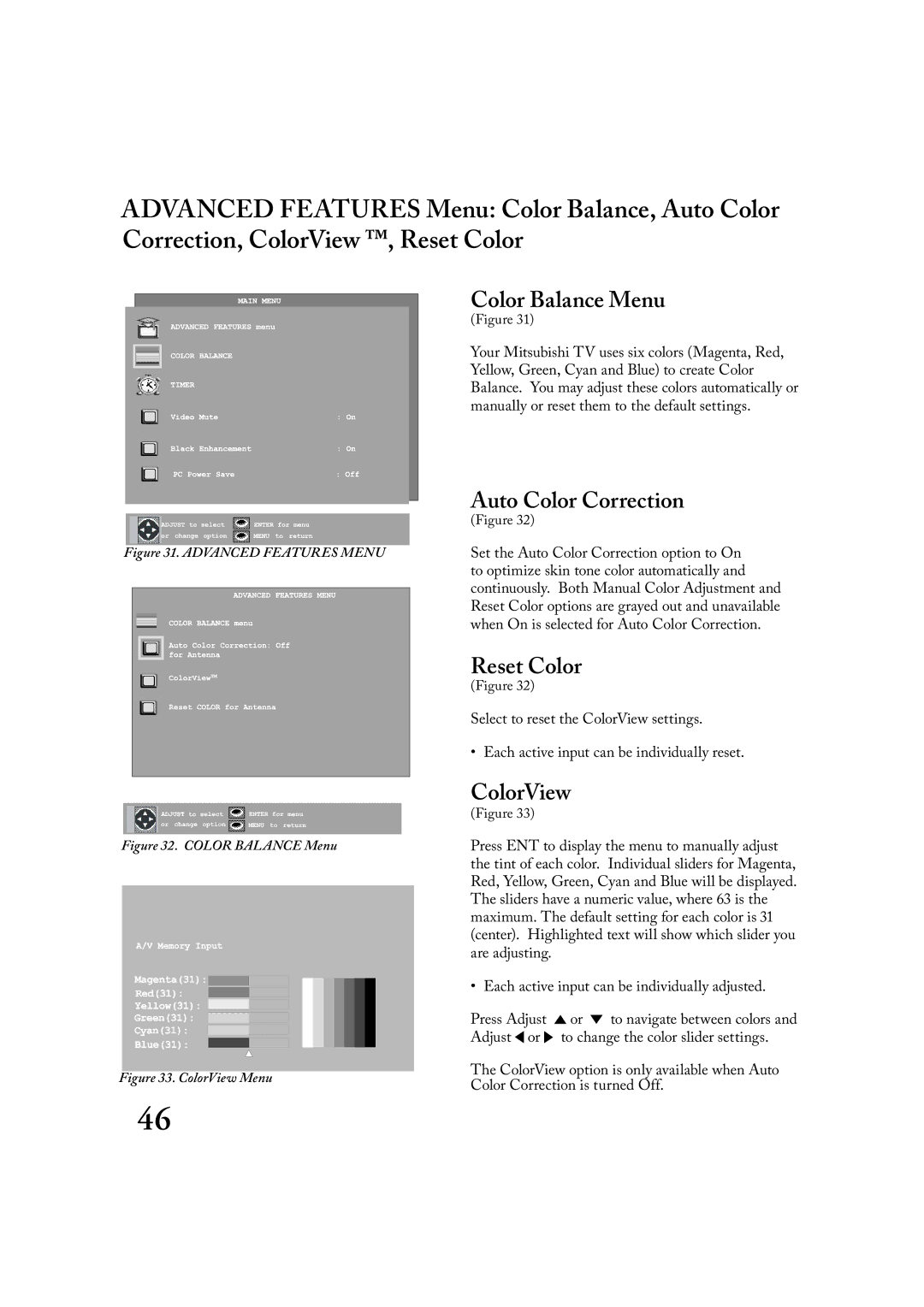 Mitsubishi Electronics LT-2220, LT-3020 manual Color Balance Menu, Auto Color Correction, Reset Color, ColorView 