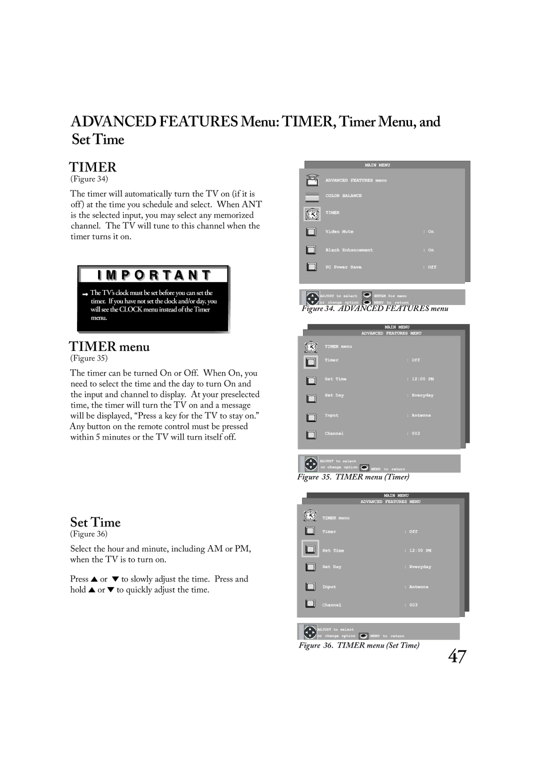 Mitsubishi Electronics LT-3020, LT-2220 manual Advanced Features Menu TIMER, Timer Menu, and Set Time, Timer menu 