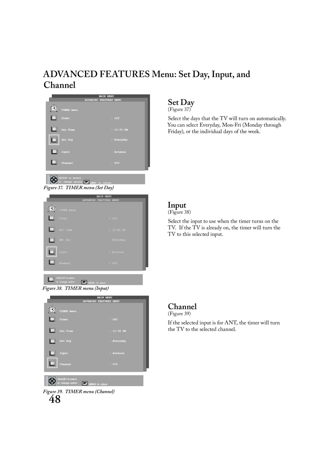 Mitsubishi Electronics LT-2220, LT-3020 manual Advanced Features Menu Set Day, Input, and Channel 