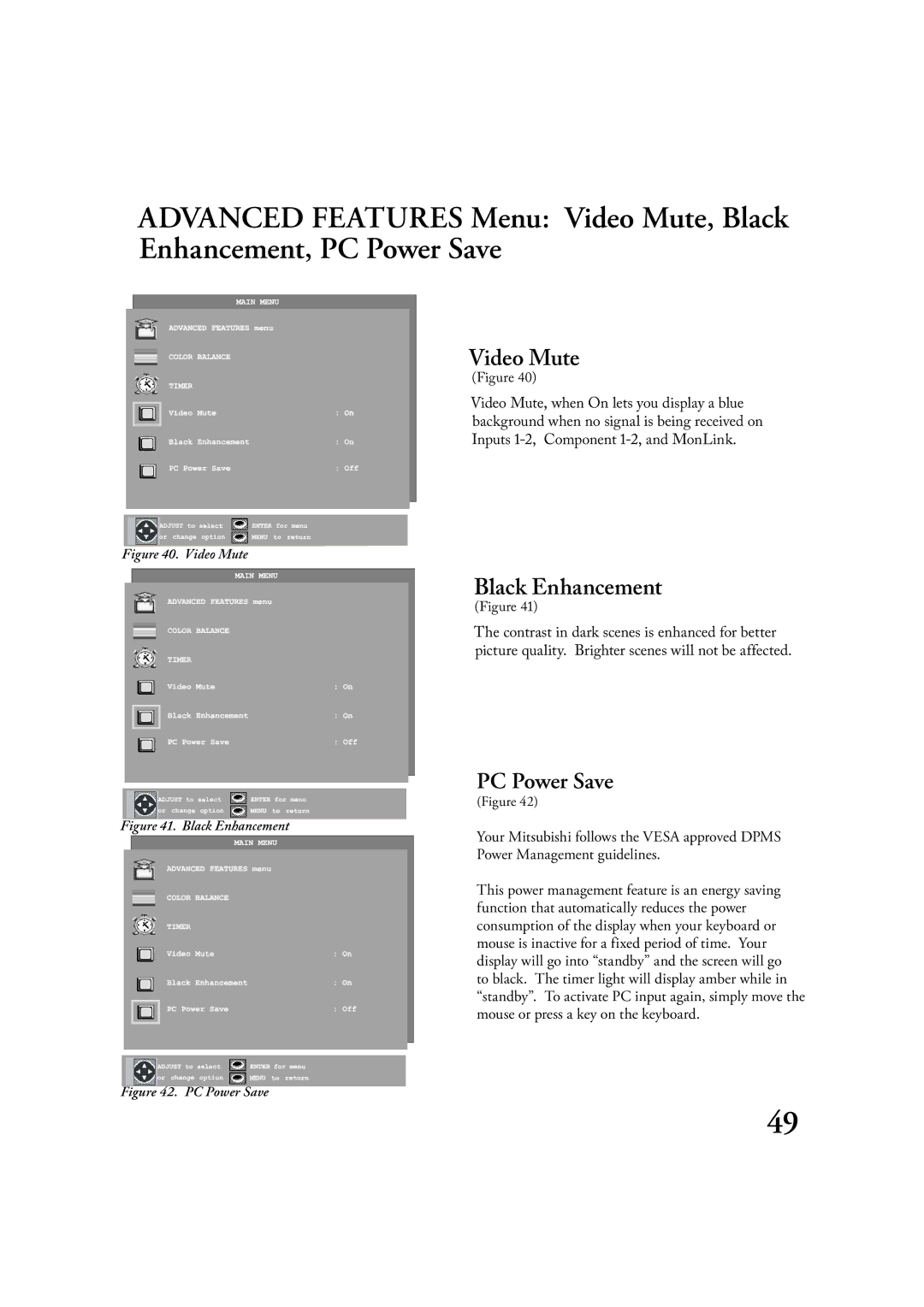 Mitsubishi Electronics LT-3020, LT-2220 manual Video Mute, Black Enhancement 