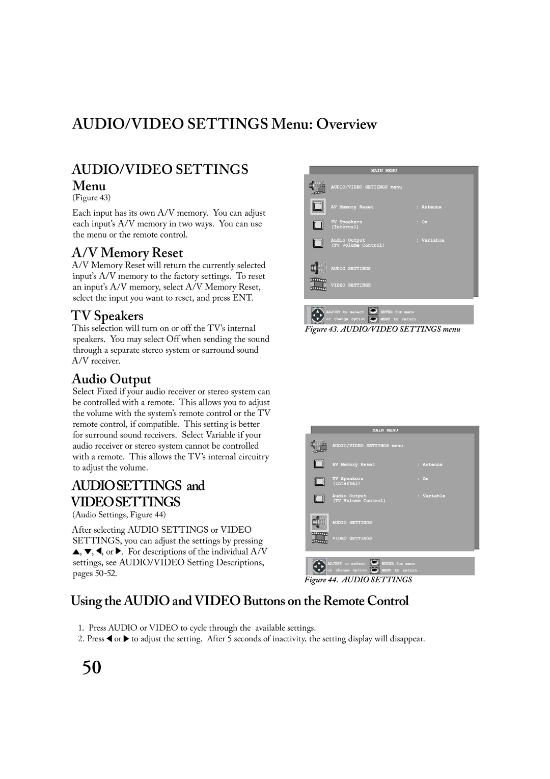 Mitsubishi Electronics LT-2220, LT-3020 manual AUDIO/VIDEO Settings Menu Overview 