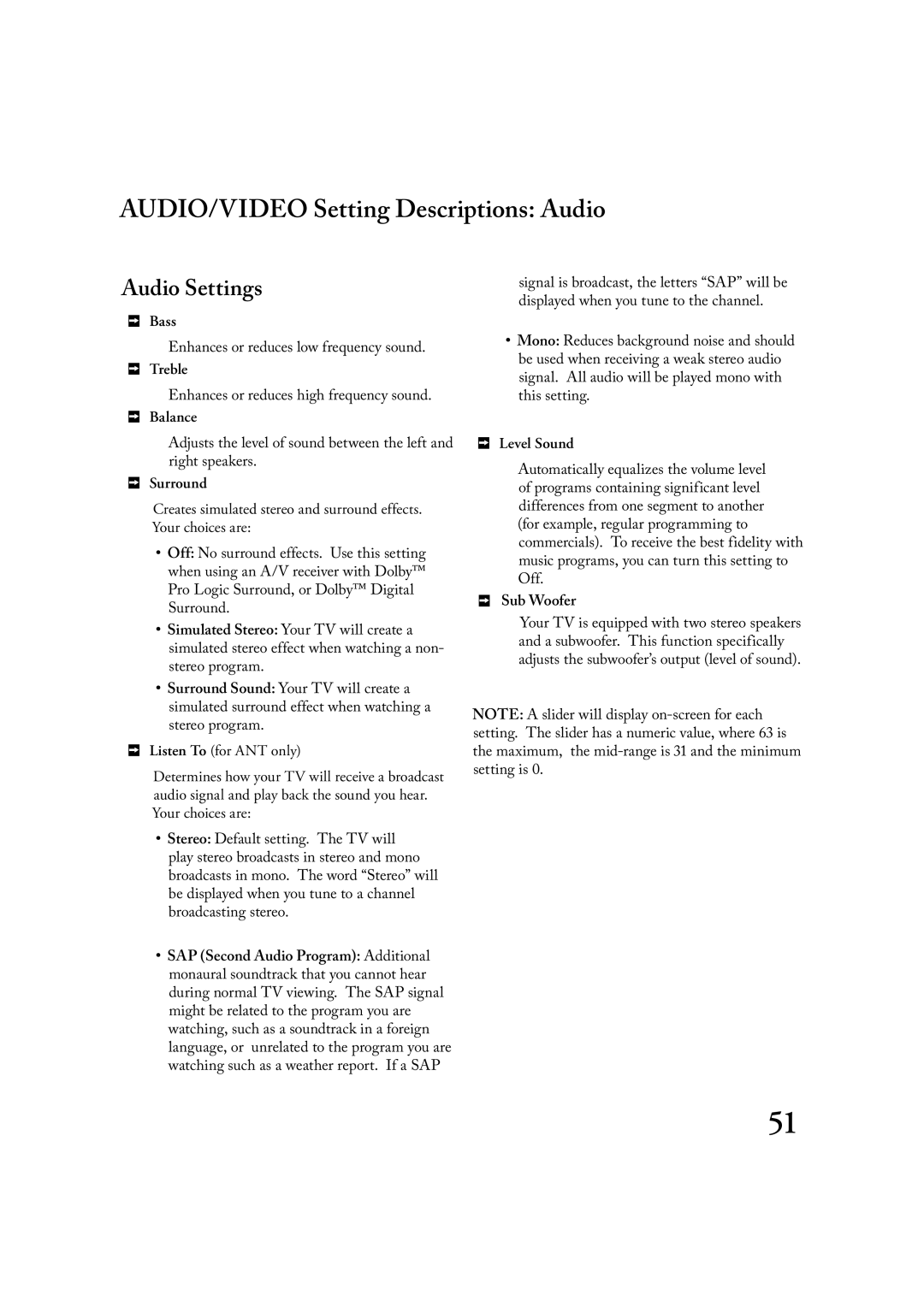 Mitsubishi Electronics LT-3020, LT-2220 manual AUDIO/VIDEO Setting Descriptions Audio, Audio Settings, Sub Woofer 