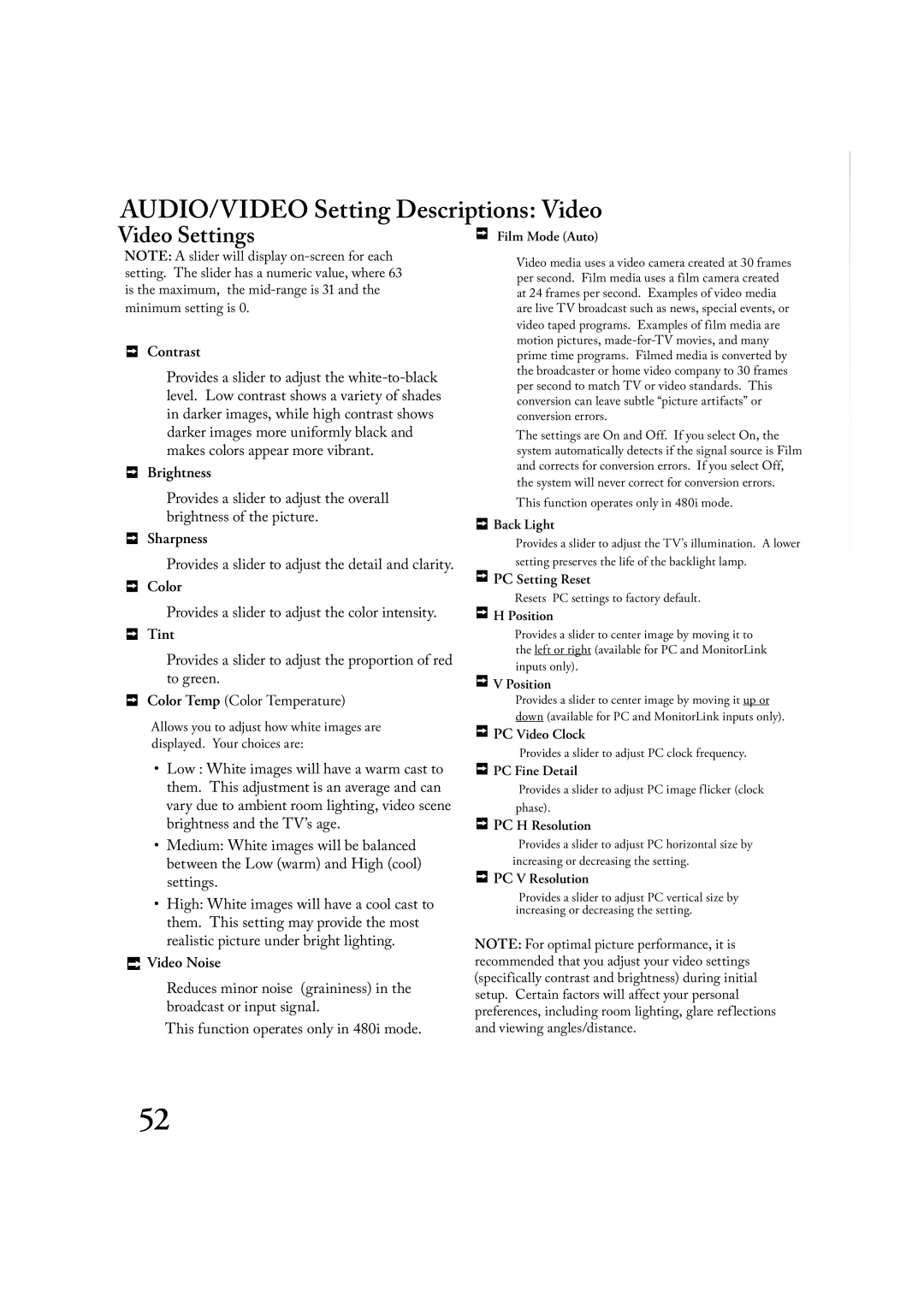 Mitsubishi Electronics LT-2220, LT-3020 manual AUDIO/VIDEO Setting Descriptions Video, Video Settings 