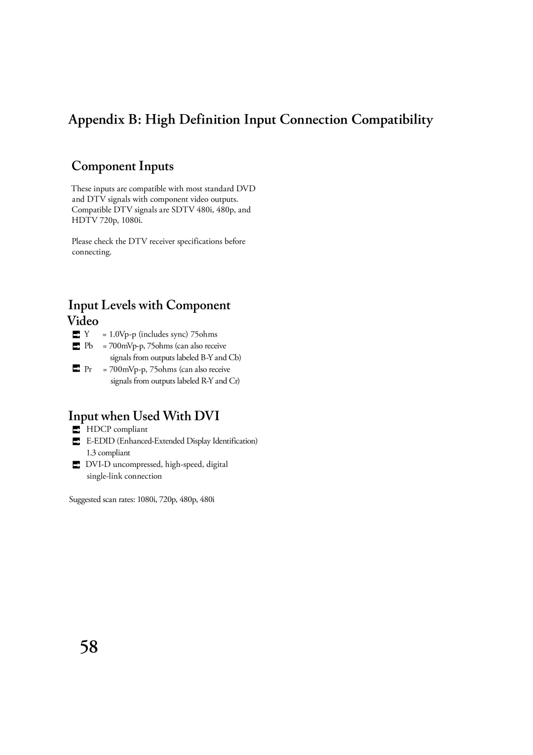 Mitsubishi Electronics LT-2220, LT-3020 manual Component Inputs, Input Levels with Component Video, Input when Used With DVI 