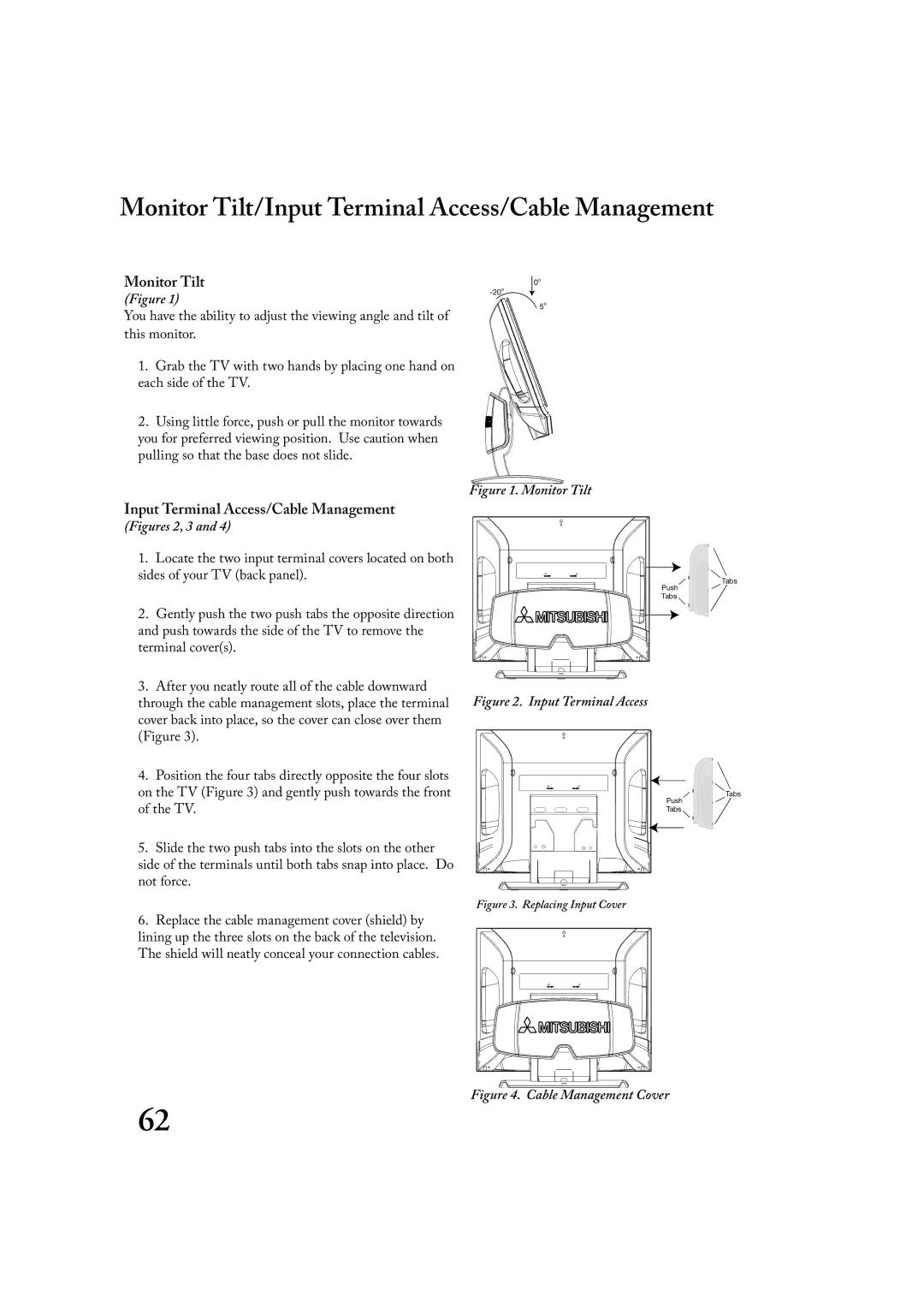 Mitsubishi Electronics LT-2220, LT-3020 manual Monitor Tilt/Input Terminal Access/Cable Management 