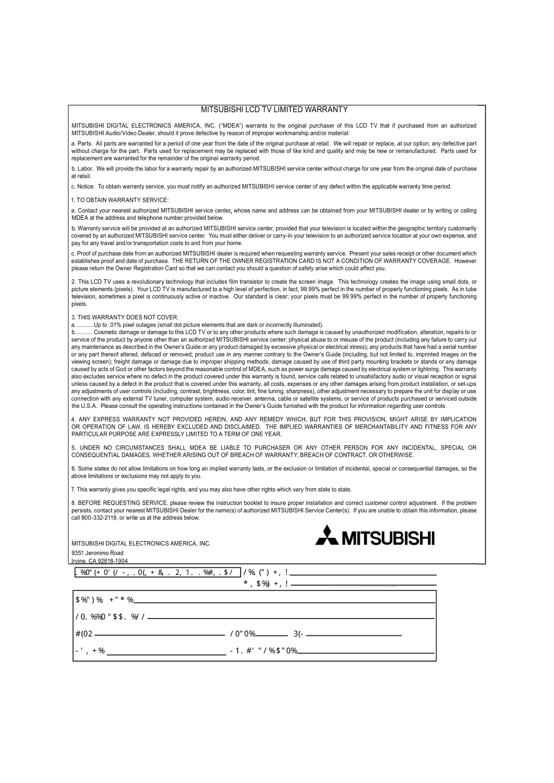 Mitsubishi Electronics LT-3020, LT-2220 manual Mitsubishi LCD TV Limited Warranty 