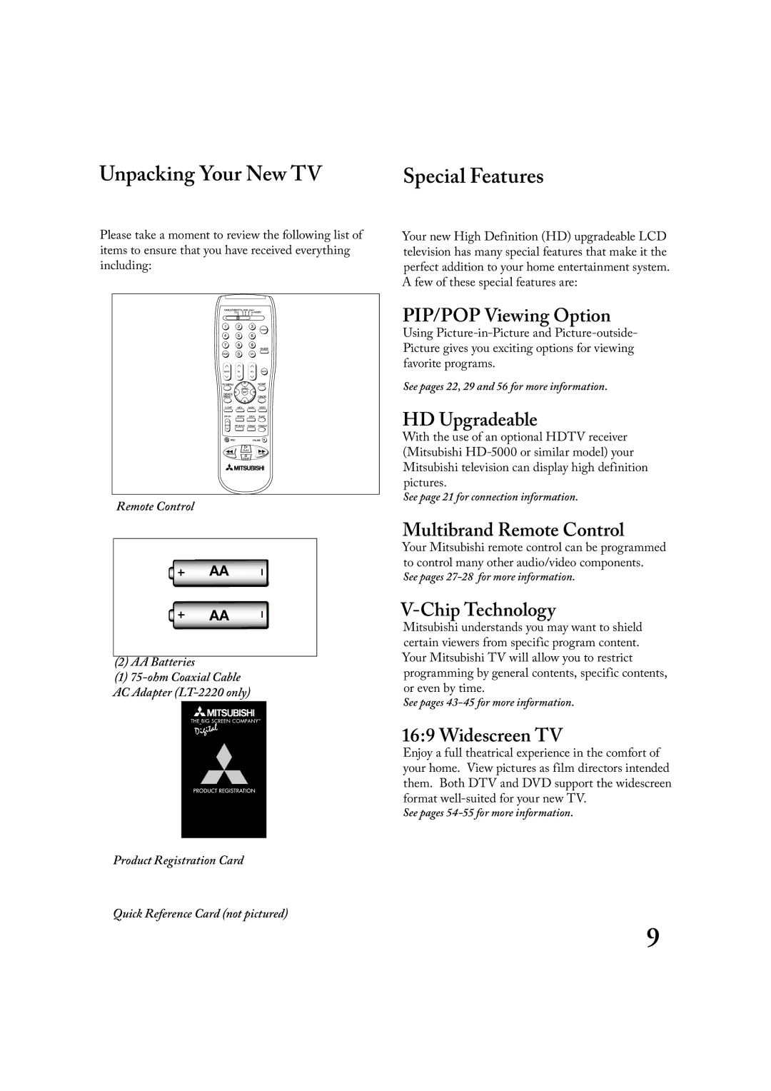 Mitsubishi Electronics LT-3020, LT-2220 manual Unpacking Your New TV, Special Features 