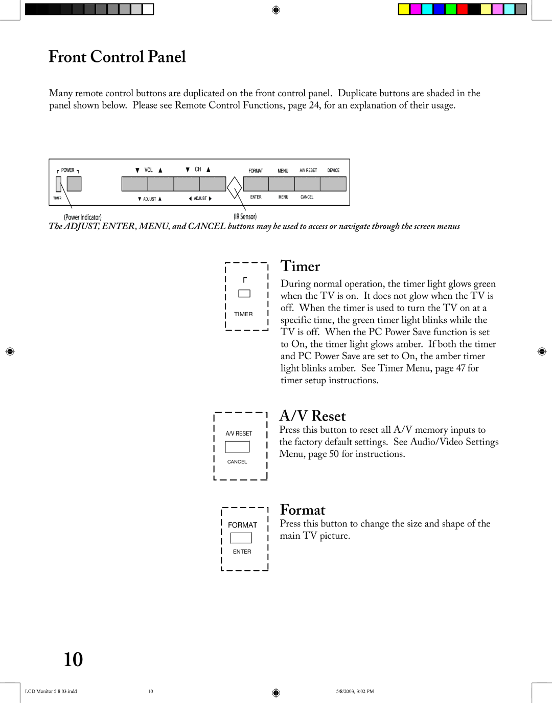 Mitsubishi Electronics LT-2220/LT-3020 manual Front Control Panel, Timer, Reset, Format 