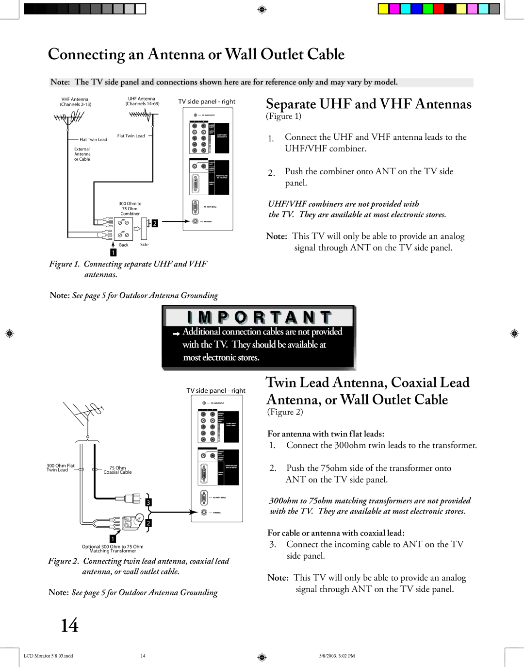 Mitsubishi Electronics LT-2220/LT-3020 manual Connecting an Antenna or Wall Outlet Cable, Separate UHF and VHF Antennas 