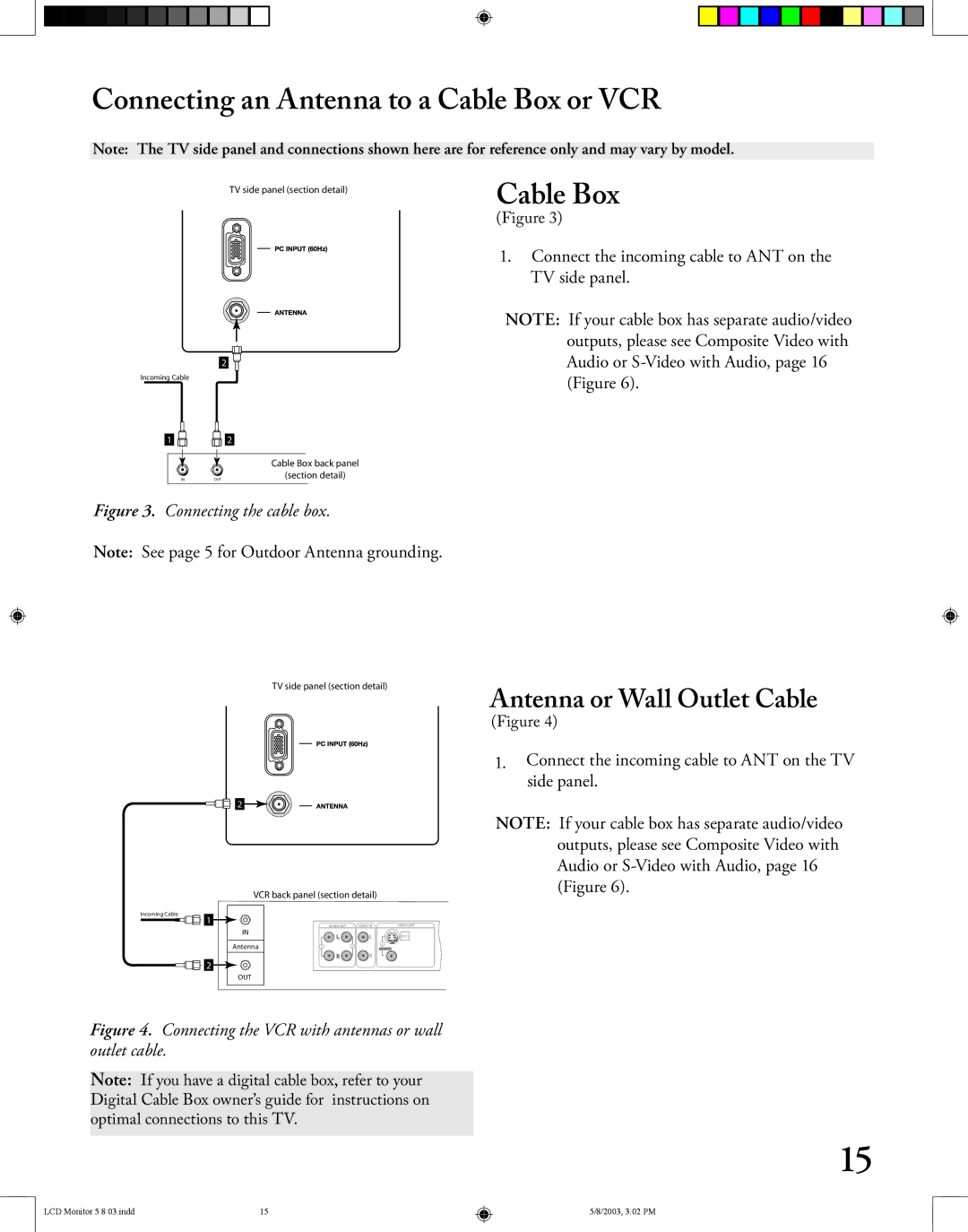 Mitsubishi Electronics LT-2220/LT-3020 manual Connecting an Antenna to a Cable Box or VCR, Antenna or Wall Outlet Cable 