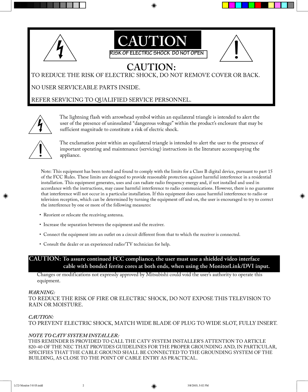 Mitsubishi Electronics LT-2220/LT-3020 manual Risk of Electric Shock do not Open 