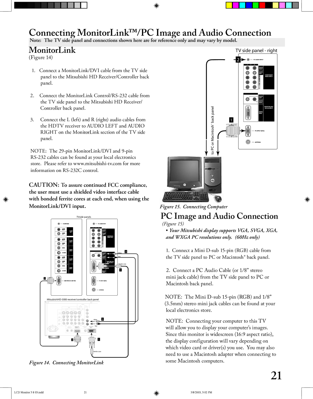 Mitsubishi Electronics LT-2220/LT-3020 manual Connecting MonitorLink/PC Image and Audio Connection 