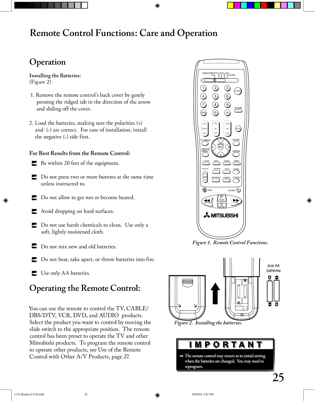 Mitsubishi Electronics LT-2220/LT-3020 manual Remote Control Functions Care and Operation, Operating the Remote Control 