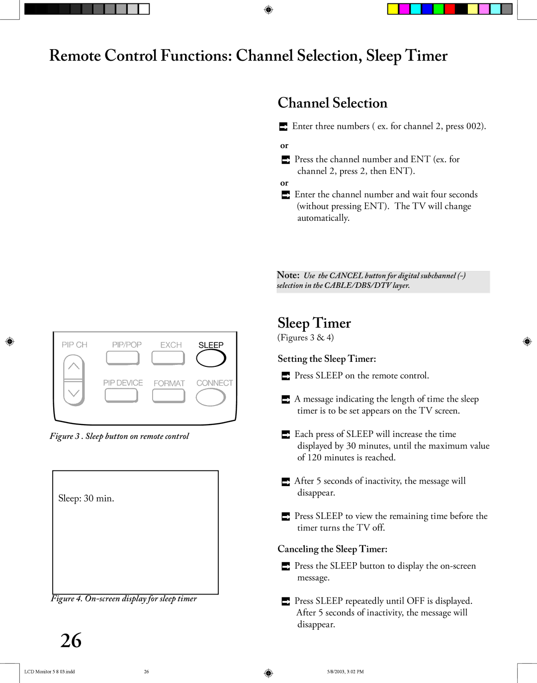 Mitsubishi Electronics LT-2220/LT-3020 Remote Control Functions Channel Selection, Sleep Timer, Setting the Sleep Timer 