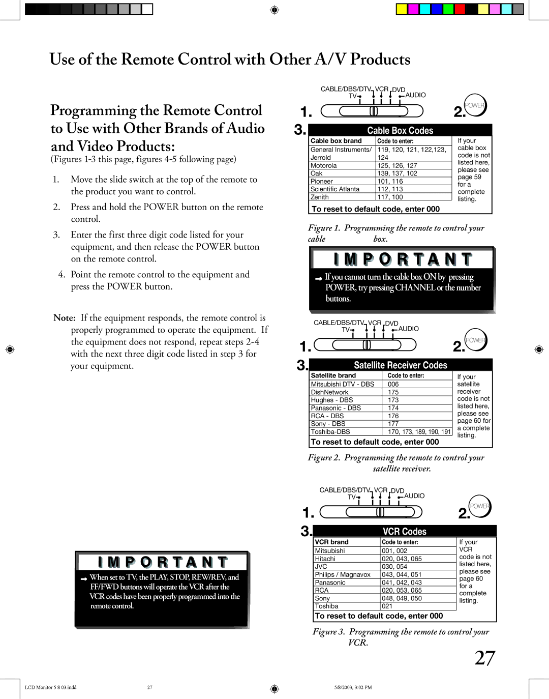 Mitsubishi Electronics LT-2220/LT-3020 Use of the Remote Control with Other A/V Products, Programming the Remote Control 