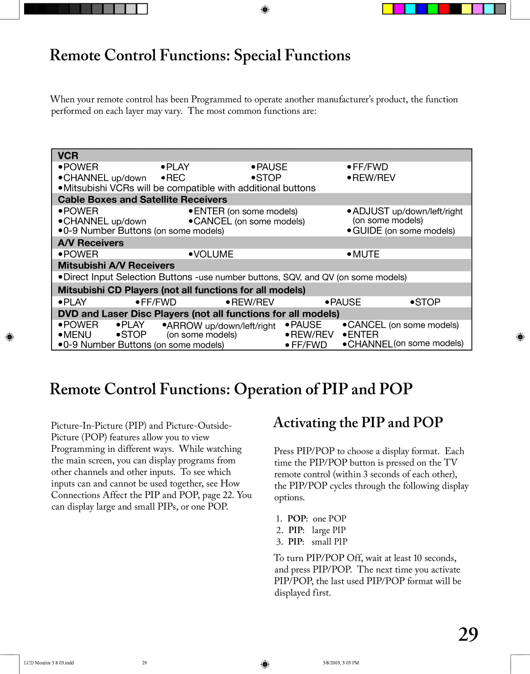 Mitsubishi Electronics LT-2220/LT-3020 manual Remote Control Functions Special Functions, Activating the PIP and POP 