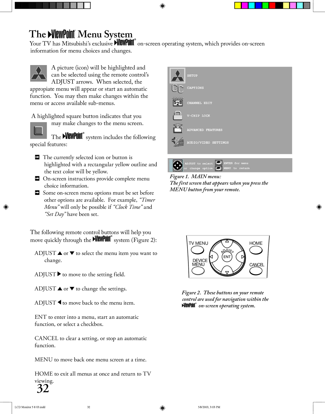 Mitsubishi Electronics LT-2220/LT-3020 manual Menu System, Main menu 