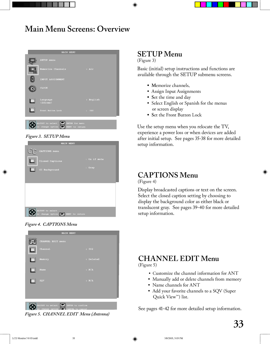 Mitsubishi Electronics LT-2220/LT-3020 manual Main Menu Screens Overview, Setup Menu, Captions Menu, Channel Edit Menu 