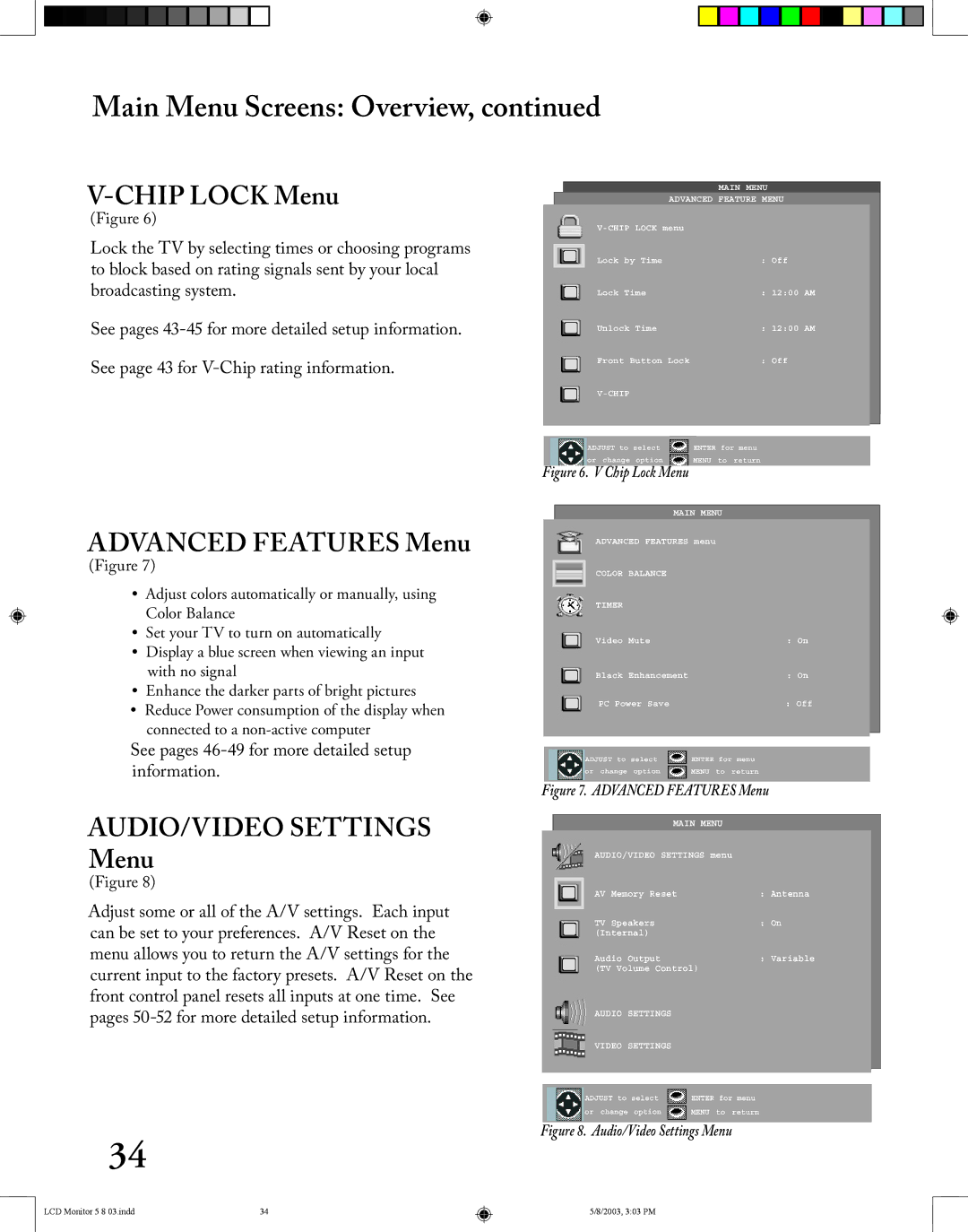 Mitsubishi Electronics LT-2220/LT-3020 manual Chip Lock Menu, Advanced Features Menu, AUDIO/VIDEO Settings Menu 