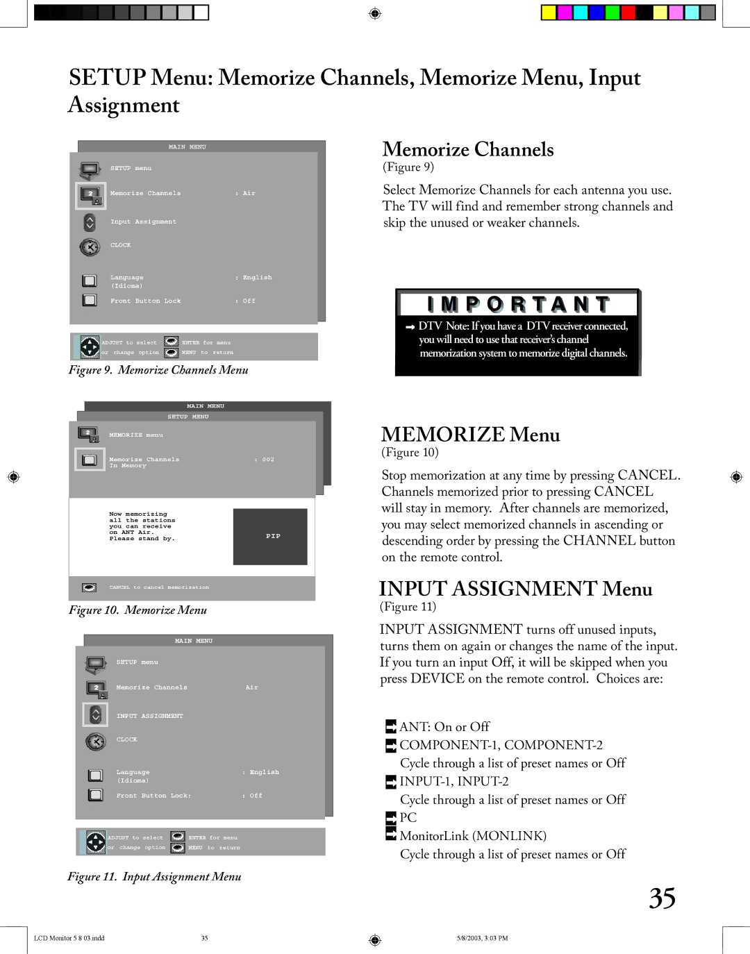 Mitsubishi Electronics LT-2220/LT-3020 manual Memorize Channels, Memorize Menu, Input Assignment Menu 