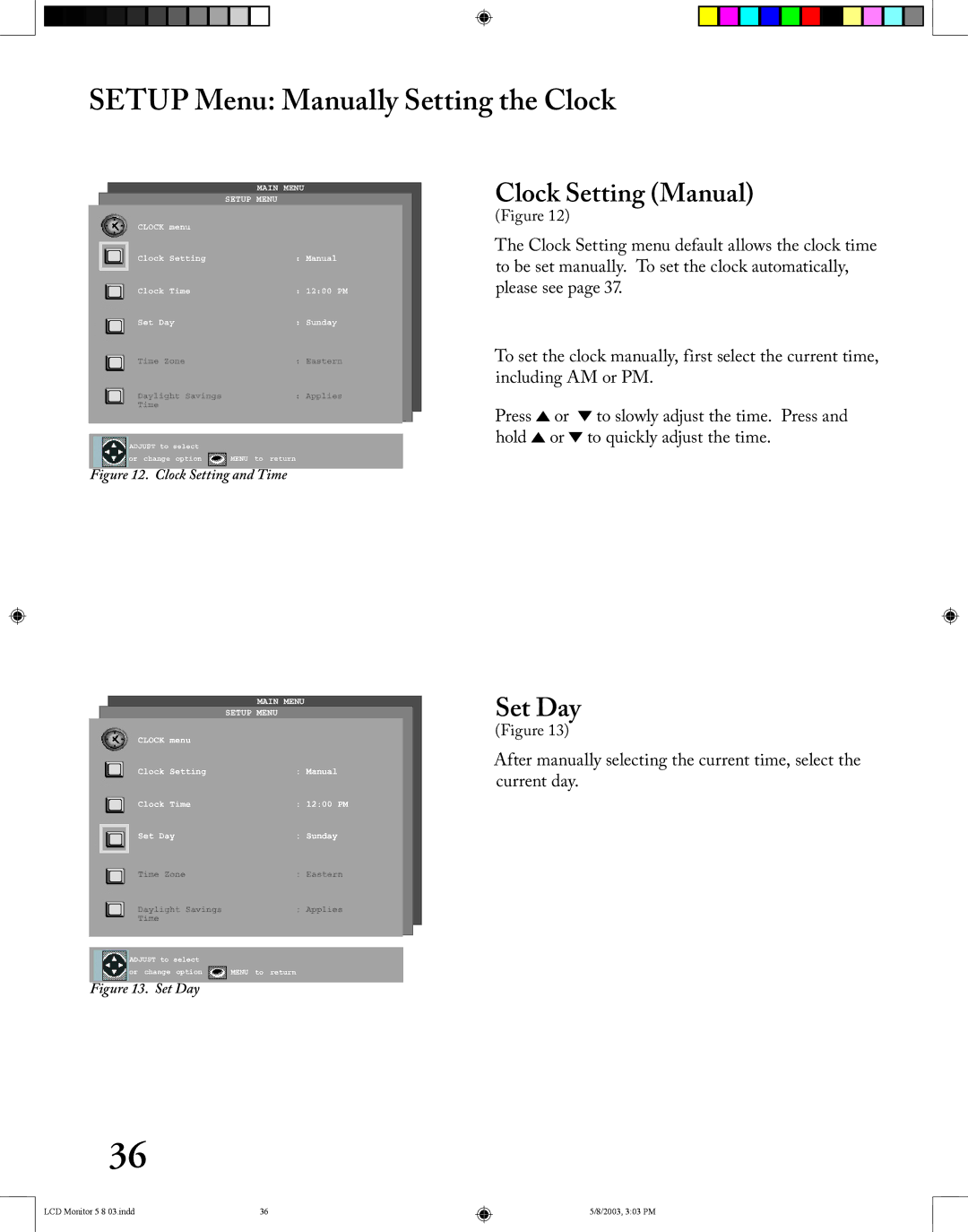 Mitsubishi Electronics LT-2220/LT-3020 manual Setup Menu Manually Setting the Clock, Clock Setting Manual, Set Day 