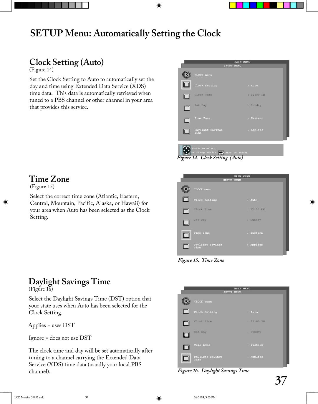 Mitsubishi Electronics LT-2220/LT-3020 manual Setup Menu Automatically Setting the Clock, Clock Setting Auto, Time Zone 