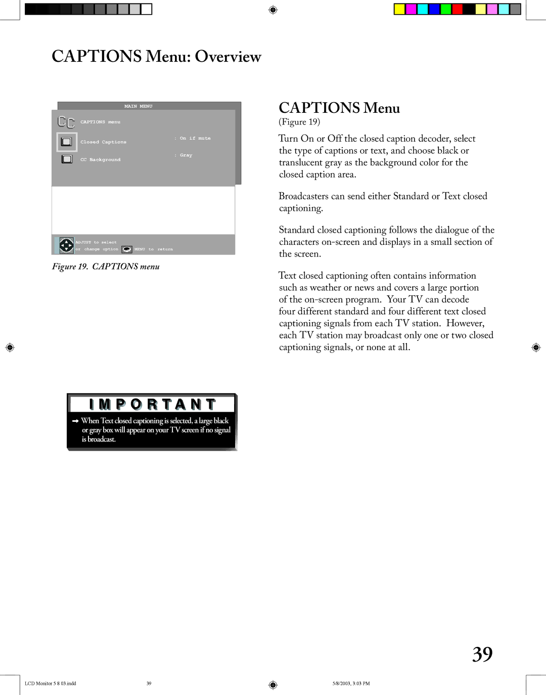 Mitsubishi Electronics LT-2220/LT-3020 manual Captions Menu Overview, Translucent gray as the background color for 