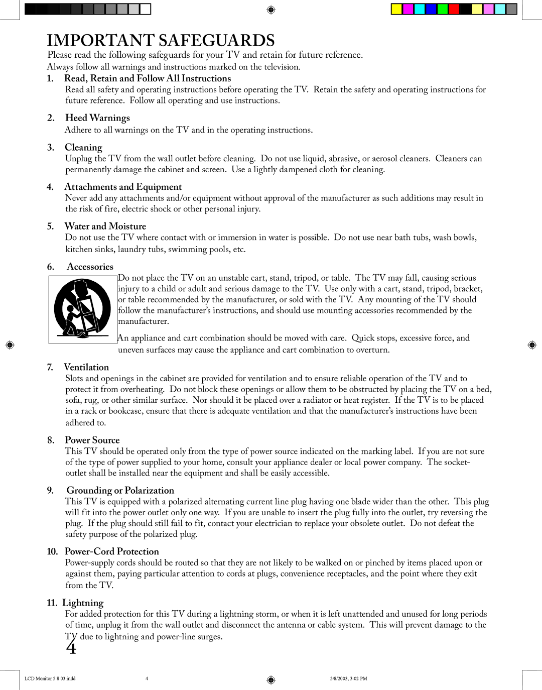 Mitsubishi Electronics LT-2220/LT-3020 manual . Read, Retain and Follow All Instructions, . Heed Warnings, . Cleaning 