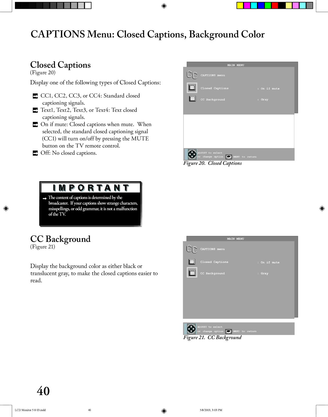 Mitsubishi Electronics LT-2220/LT-3020 manual Captions Menu Closed Captions, Background Color, CC Background 