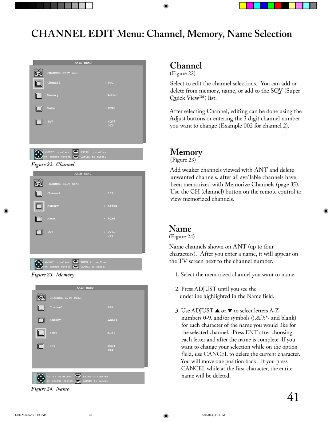 Mitsubishi Electronics LT-2220/LT-3020 manual Channel Edit Menu Channel, Memory, Name Selection 