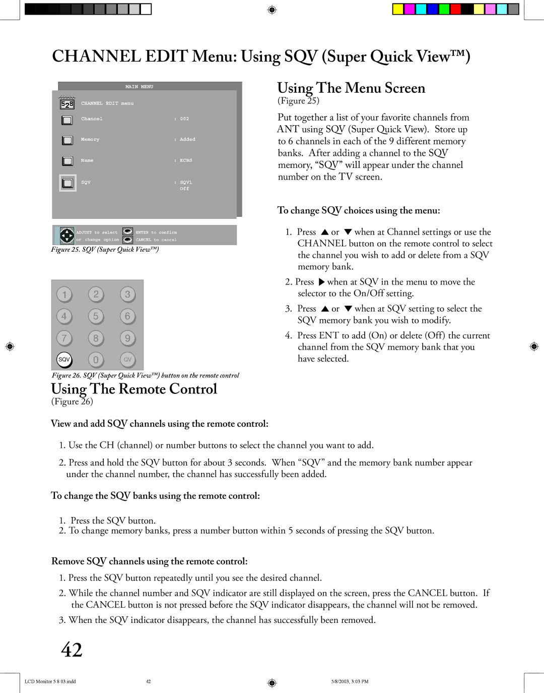 Mitsubishi Electronics LT-2220/LT-3020 manual Channel Edit Menu Using SQV Super Quick View, Using The Menu Screen 