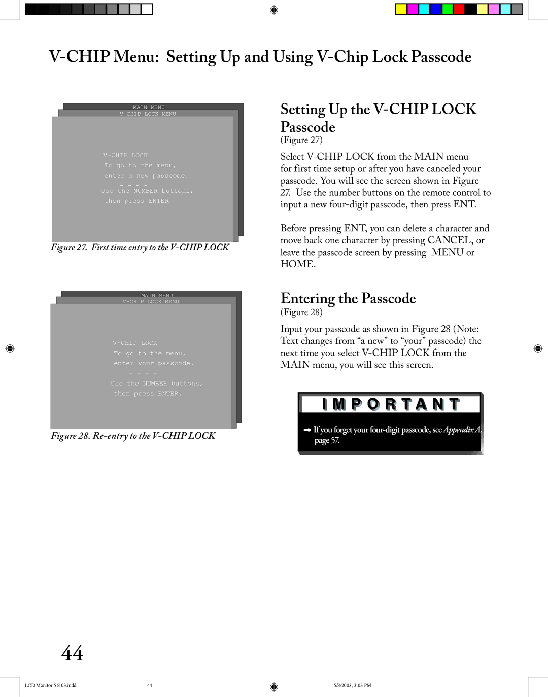 Mitsubishi Electronics LT-2220/LT-3020 manual Chip Menu Setting Up and Using V-Chip Lock Passcode, Entering the Passcode 