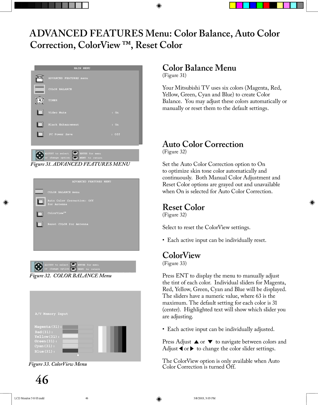 Mitsubishi Electronics LT-2220/LT-3020 manual Color Balance Menu, Auto Color Correction, Reset Color, ColorView 