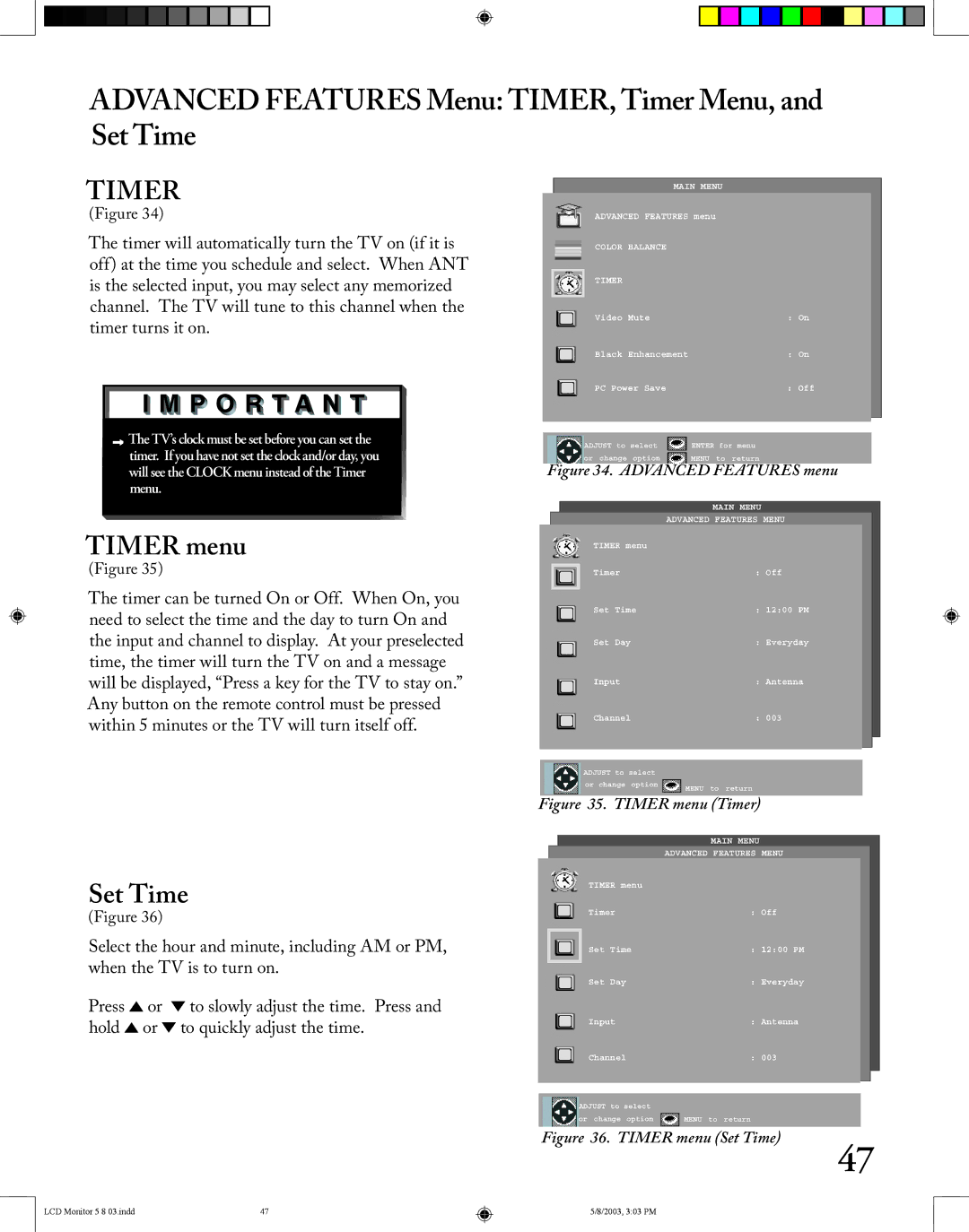 Mitsubishi Electronics LT-2220/LT-3020 manual Advanced Features Menu TIMER, Timer Menu, and Set Time, Timer menu 