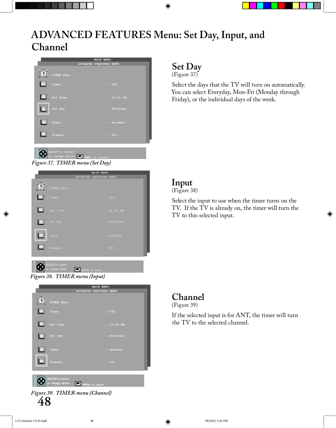 Mitsubishi Electronics LT-2220/LT-3020 manual Advanced Features Menu Set Day, Input, and Channel 