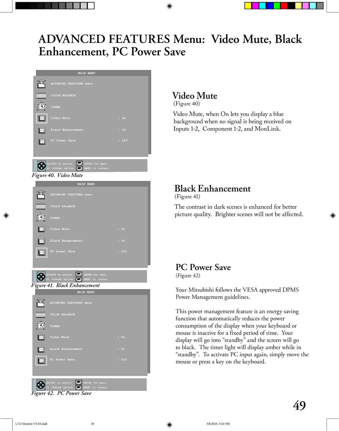 Mitsubishi Electronics LT-2220/LT-3020 manual Video Mute, Black Enhancement, PC Power Save 