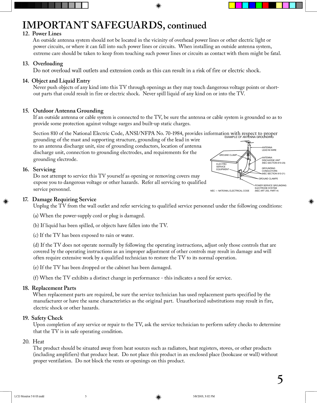 Mitsubishi Electronics LT-2220/LT-3020 manual . Power Lines, . Overloading, . Object and Liquid Entry, . Servicing 