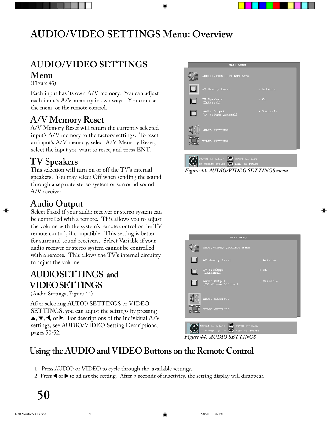 Mitsubishi Electronics LT-2220/LT-3020 manual AUDIO/VIDEO Settings Menu Overview 