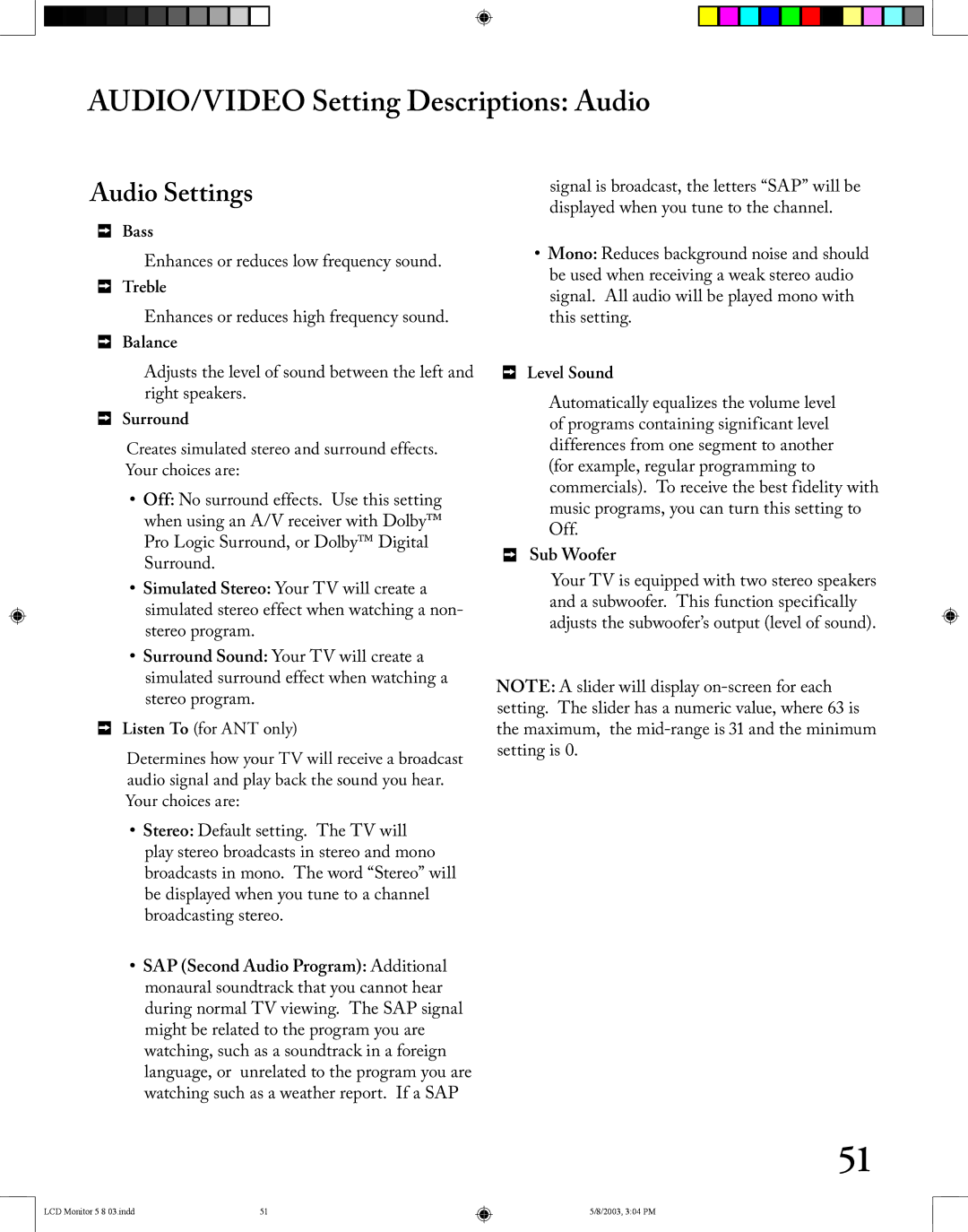 Mitsubishi Electronics LT-2220/LT-3020 manual AUDIO/VIDEO Setting Descriptions Audio, Audio Settings 