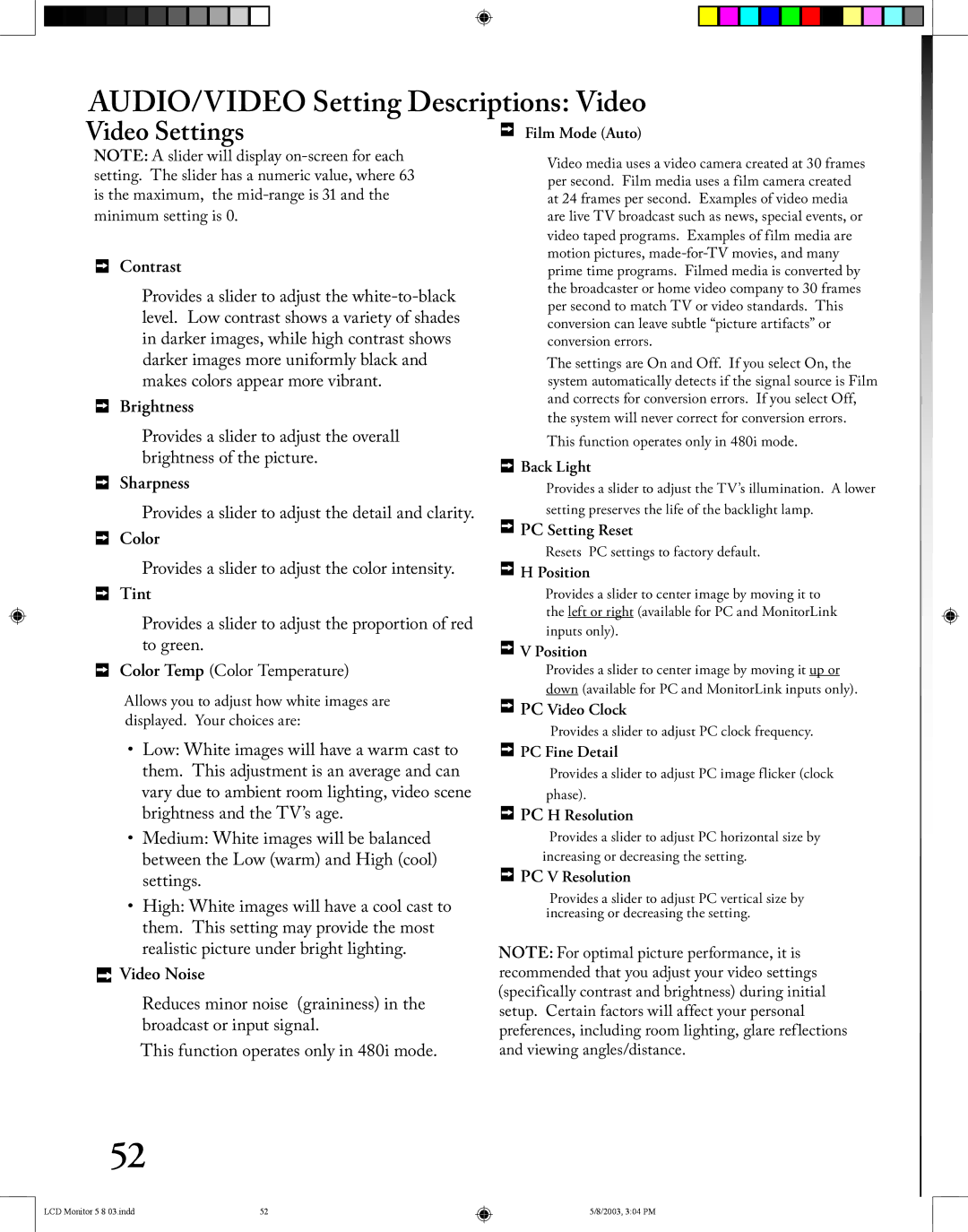 Mitsubishi Electronics LT-2220/LT-3020 manual AUDIO/VIDEO Setting Descriptions Video, Video Settings 