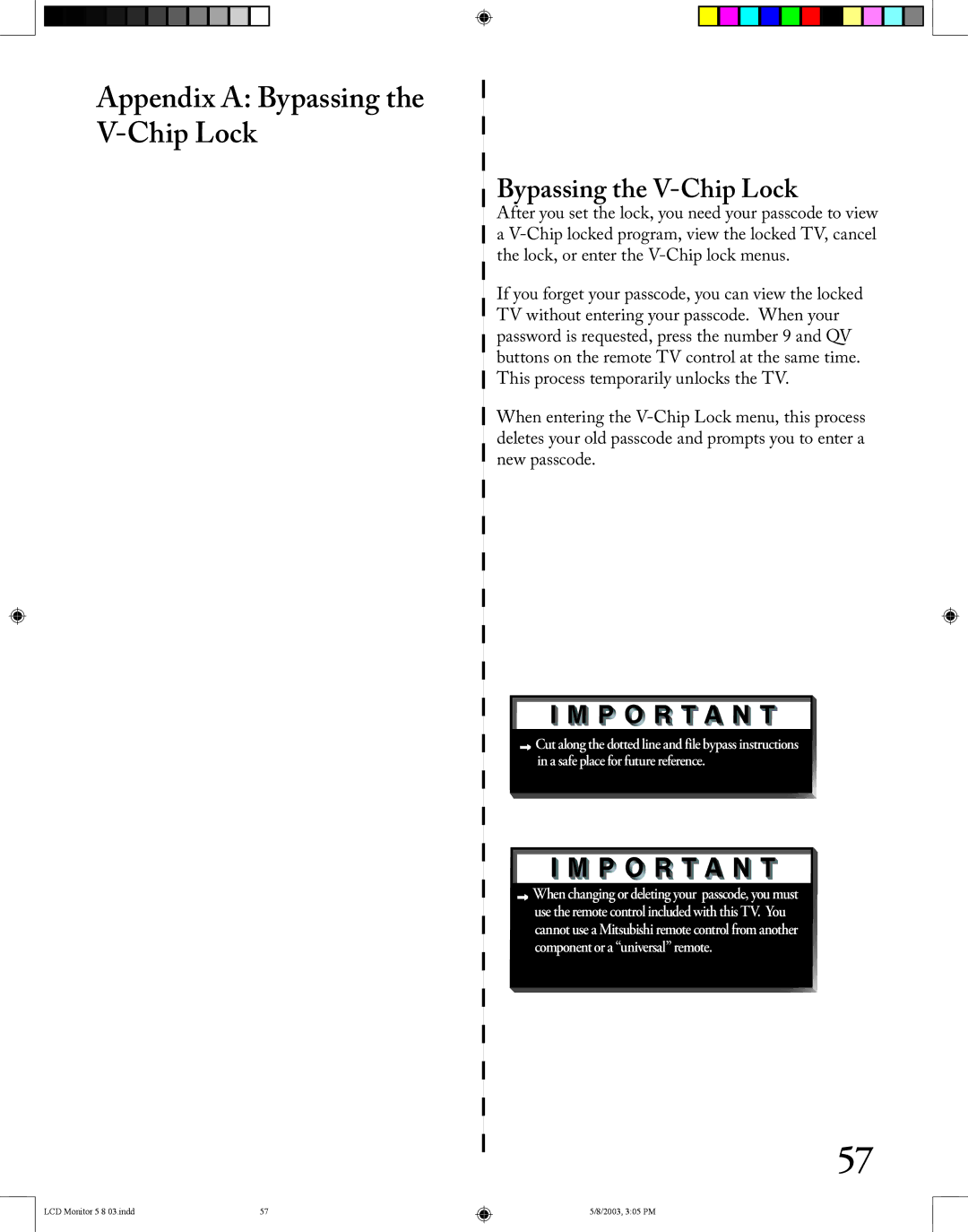 Mitsubishi Electronics LT-2220/LT-3020 manual Appendix a Bypassing the V-Chip Lock 