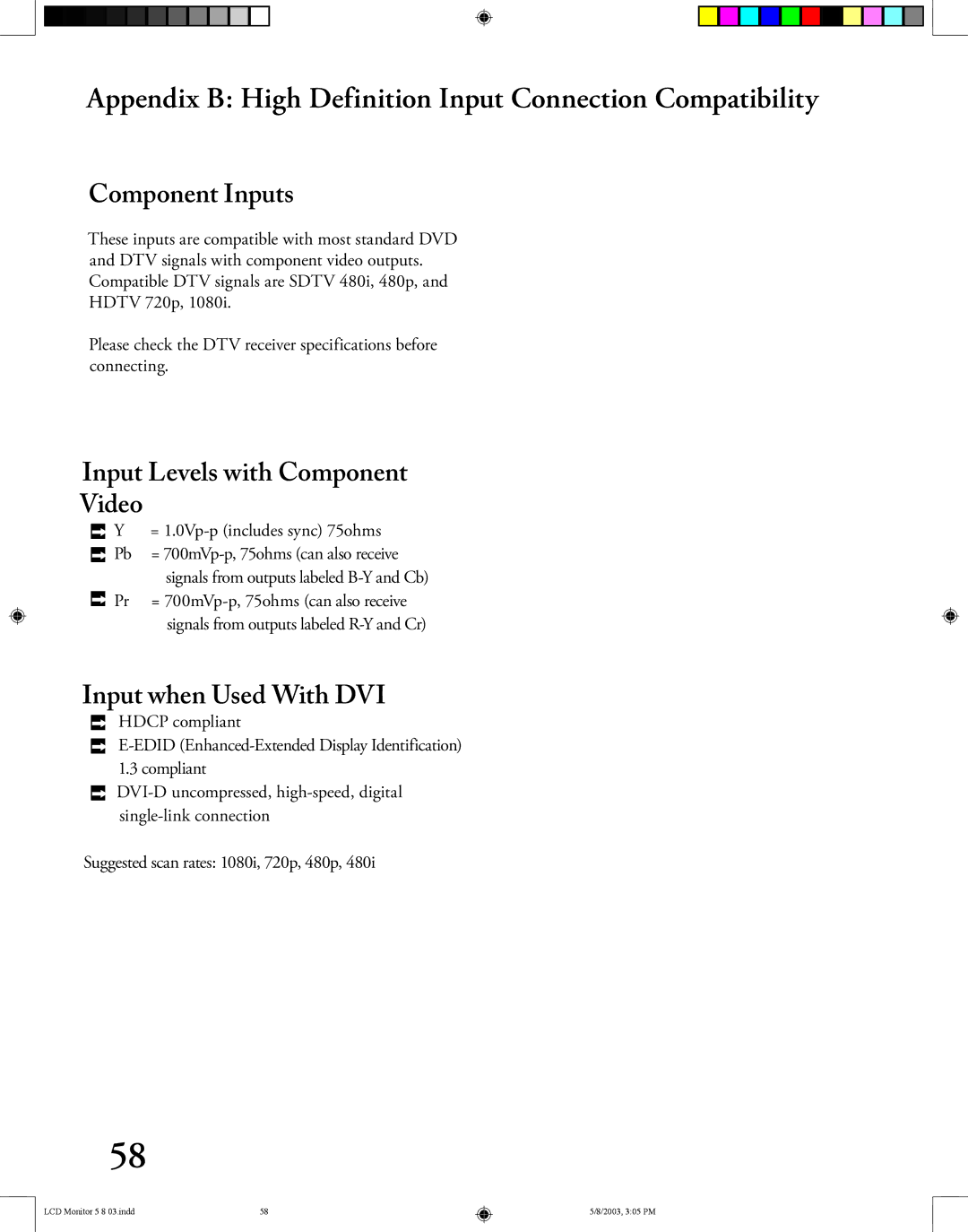 Mitsubishi Electronics LT-2220/LT-3020 manual Appendix B High Definition Input Connection Compatibility, Component Inputs 