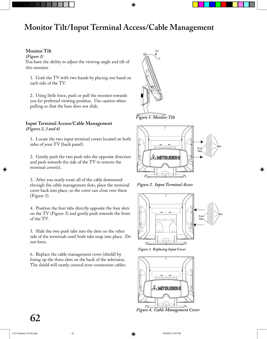 Mitsubishi Electronics LT-2220/LT-3020 manual Monitor Tilt/Input Terminal Access/Cable Management 