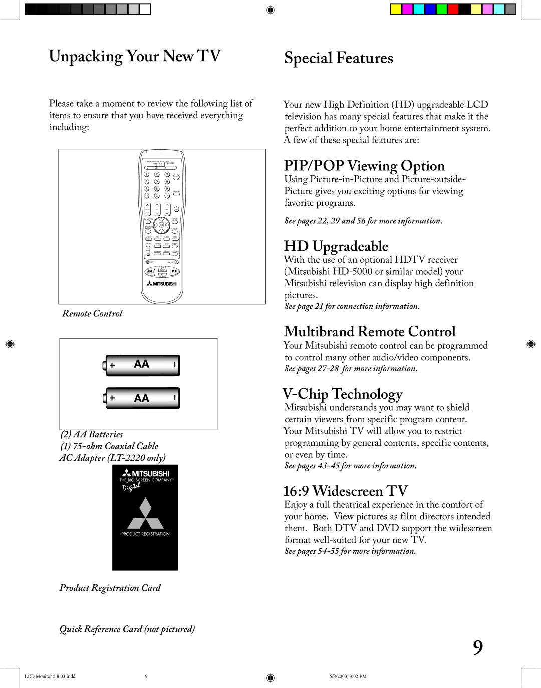 Mitsubishi Electronics LT-2220/LT-3020 manual Unpacking Your New TV, Special Features 