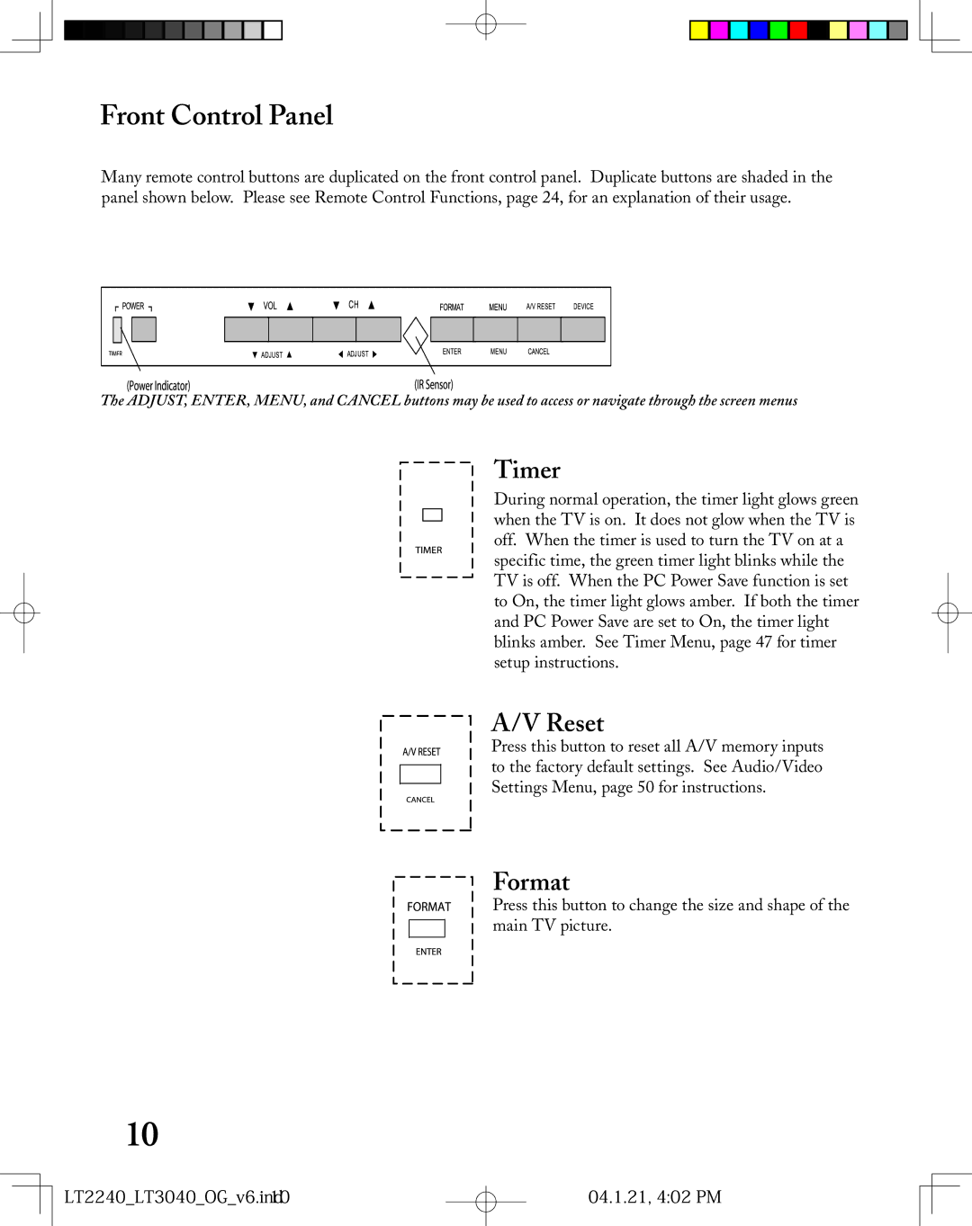 Mitsubishi Electronics LT-3040, LT-2240 manual Front Control Panel, Timer, Reset, Format 