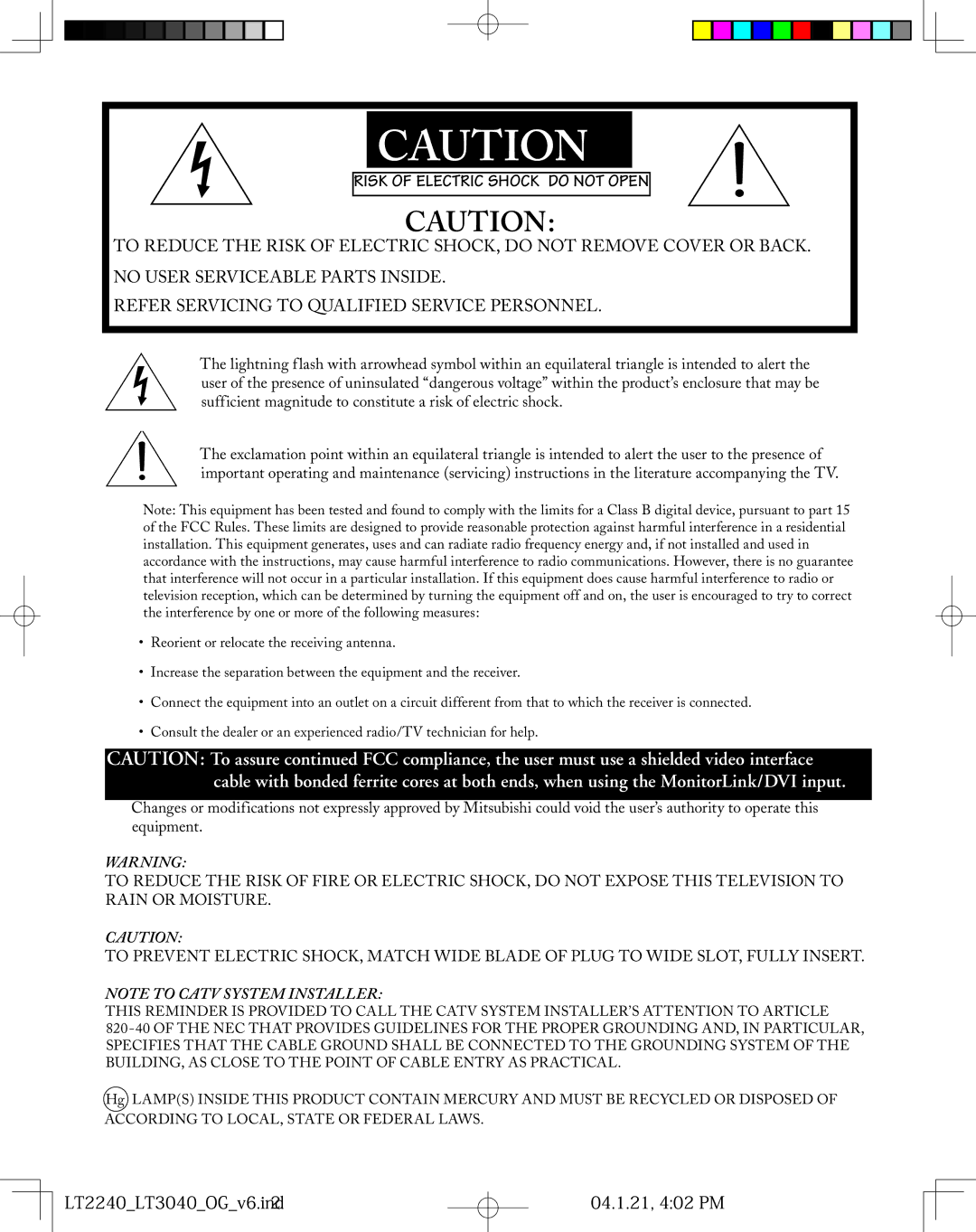 Mitsubishi Electronics LT-3040, LT-2240 manual Risk of Electric Shock do not Open, LT2240LT3040OGv6.ind2 04.1.21, 402 PM 